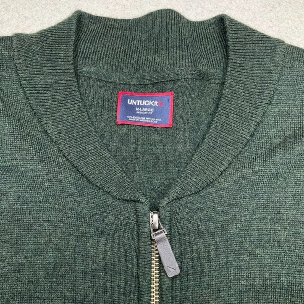 UNTUCKit Reynoso 100% Merino Wool‎ Full Zip Sweater XL Elbow Patch Green NWOT